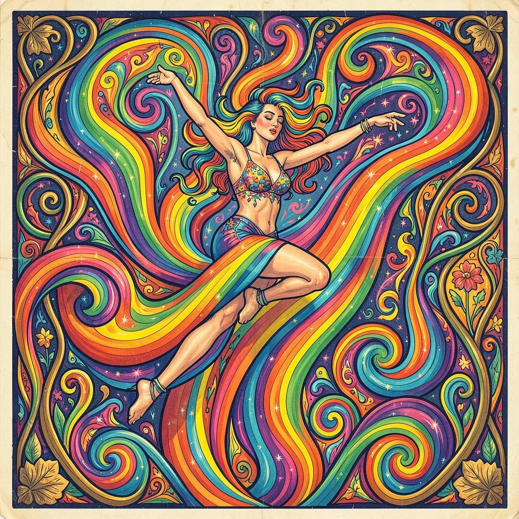 Psychedelic poster illustration, a dancer dissolving into color ribbons , vibrat