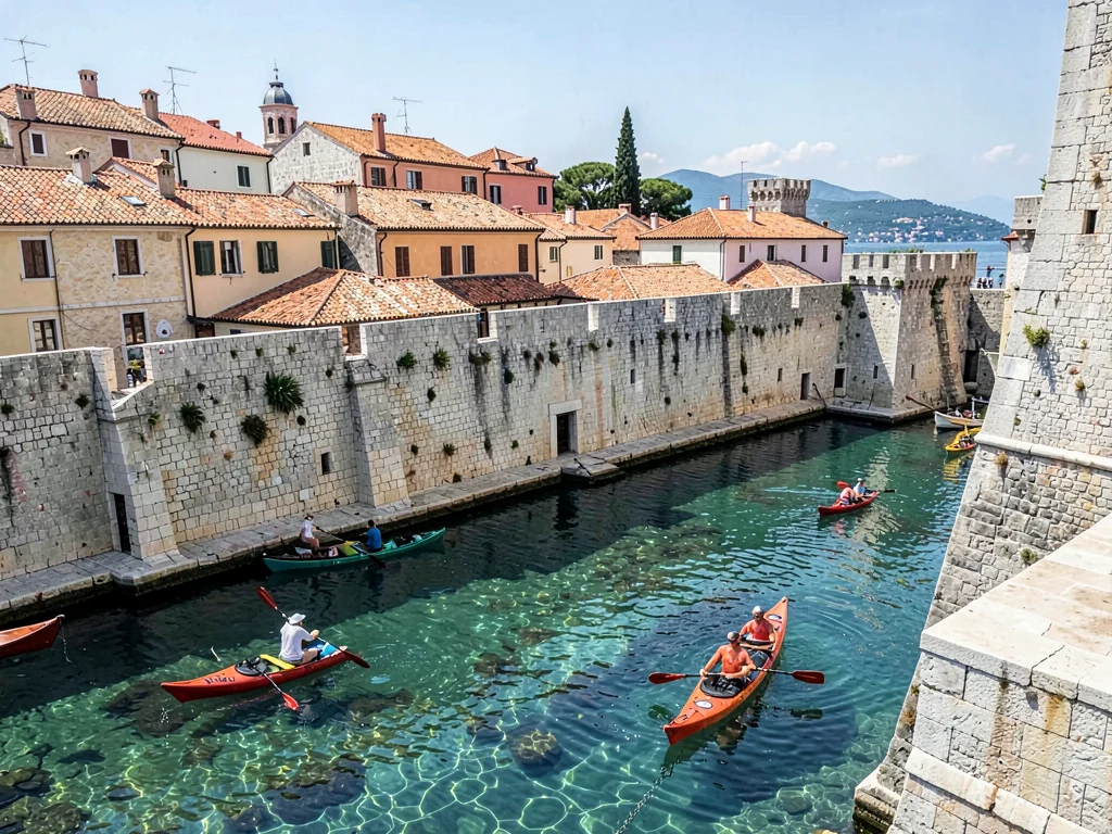 Kayakers beneath city walls