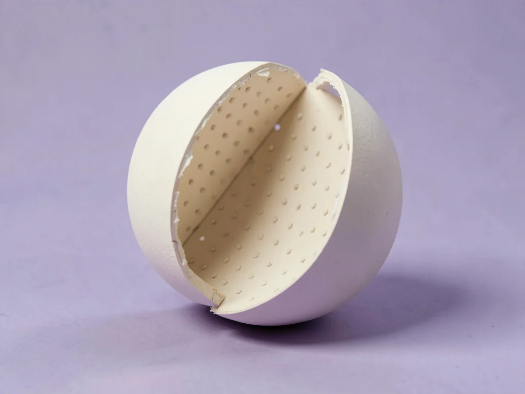 Oversized soft sphere split into perfect halves and offset slightly, revealing a
