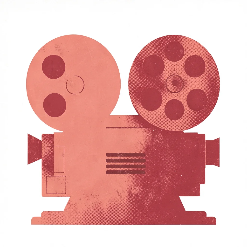 graphic bold silhouette of a single bold cinema-projector-reel-pair in coral and