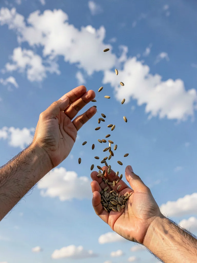 Two hands releasing handful of seeds to wind, fingers splayed against sky