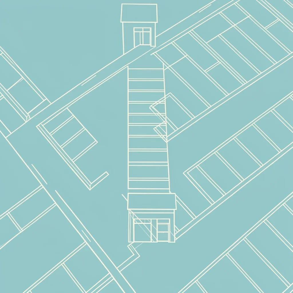 Pale cyan blueprint backdrop with ivory linework of an aerial parking-minimum di