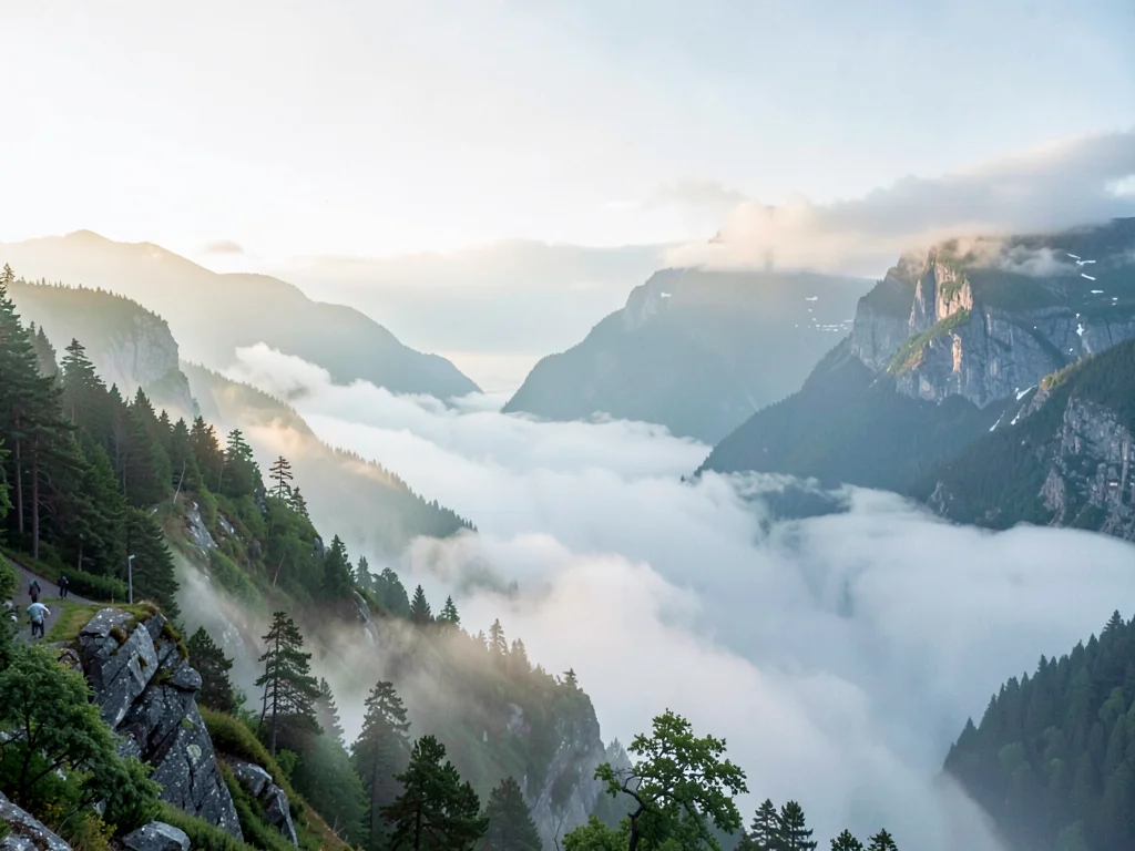 Morning mist filling valley below viewpoint