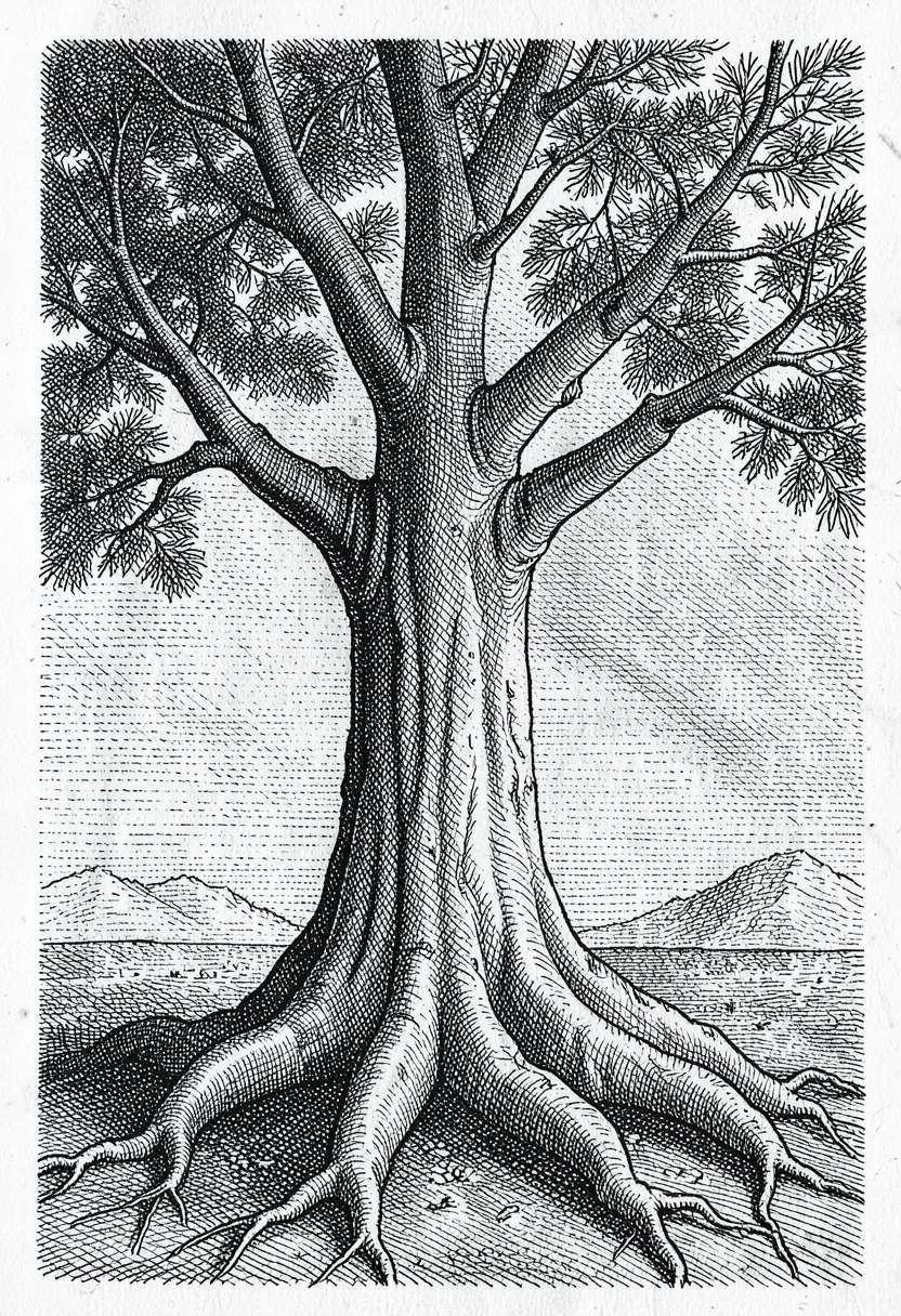 Gnarled tree cross-hatched