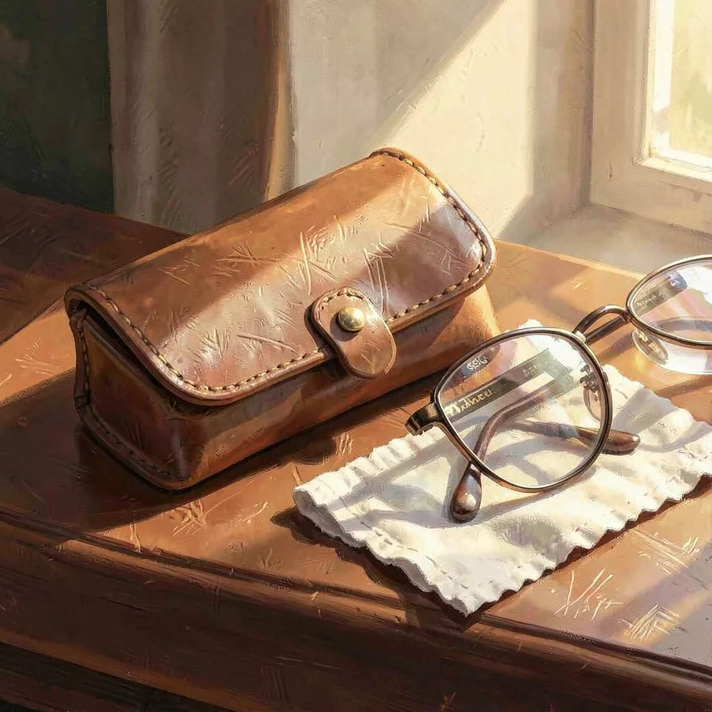 Cassia-warmstack still life of a leather glasses case and lens cloth, golden hou