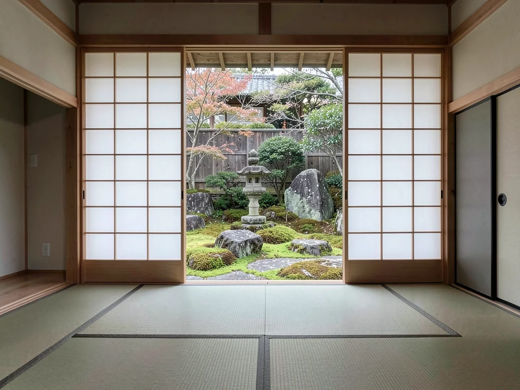 Garden View Through Shoji to Stone Lantern