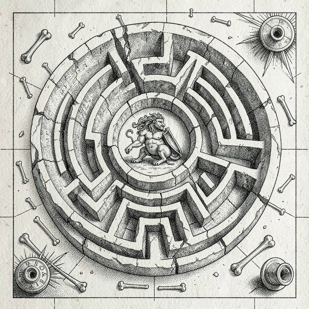 A Greek mythological labyrinth map with the Minotaur at the center, twisting cor