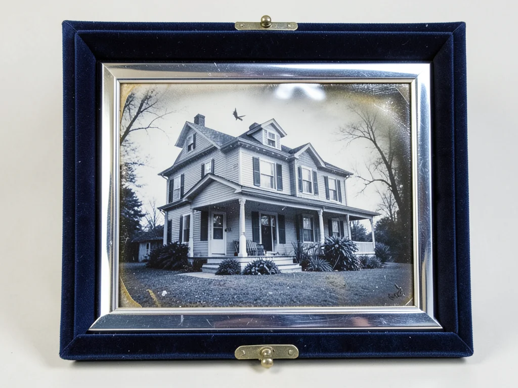 Antiqued photograph of old house exterior, Halloween atmosphere, silver tones