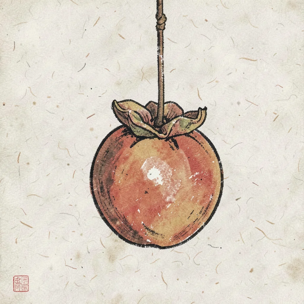 Single dried persimmon hanging on a cord, close-up