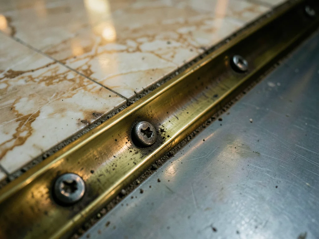 The brass threshold strip between a hotel lobby's marble floor and the elevator 