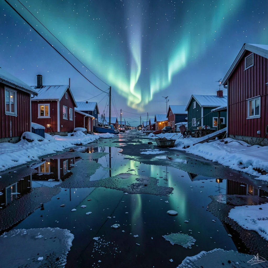 Polar night blue hour in Tromso, Norway, northern lights reflected in a frozen p