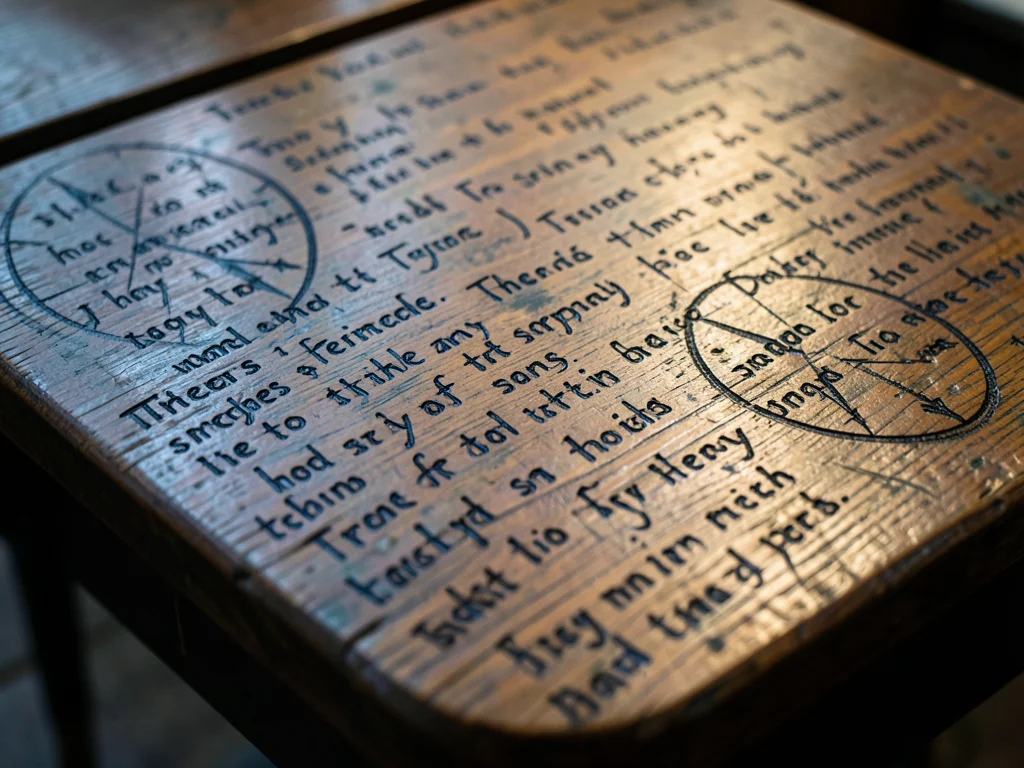 A wooden school desk surface showing thirty years of student inscriptions carved