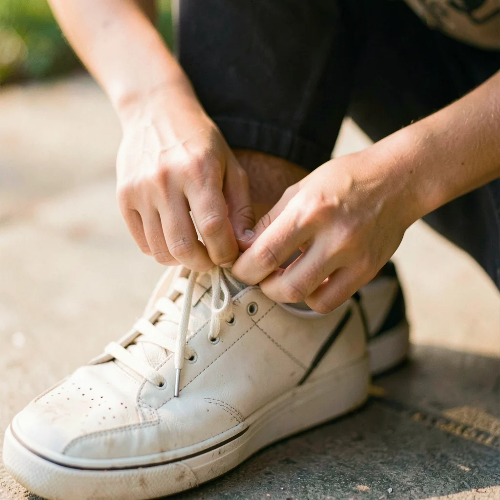 Hands-only portrait of small hands lacing a sneaker, gentle focus