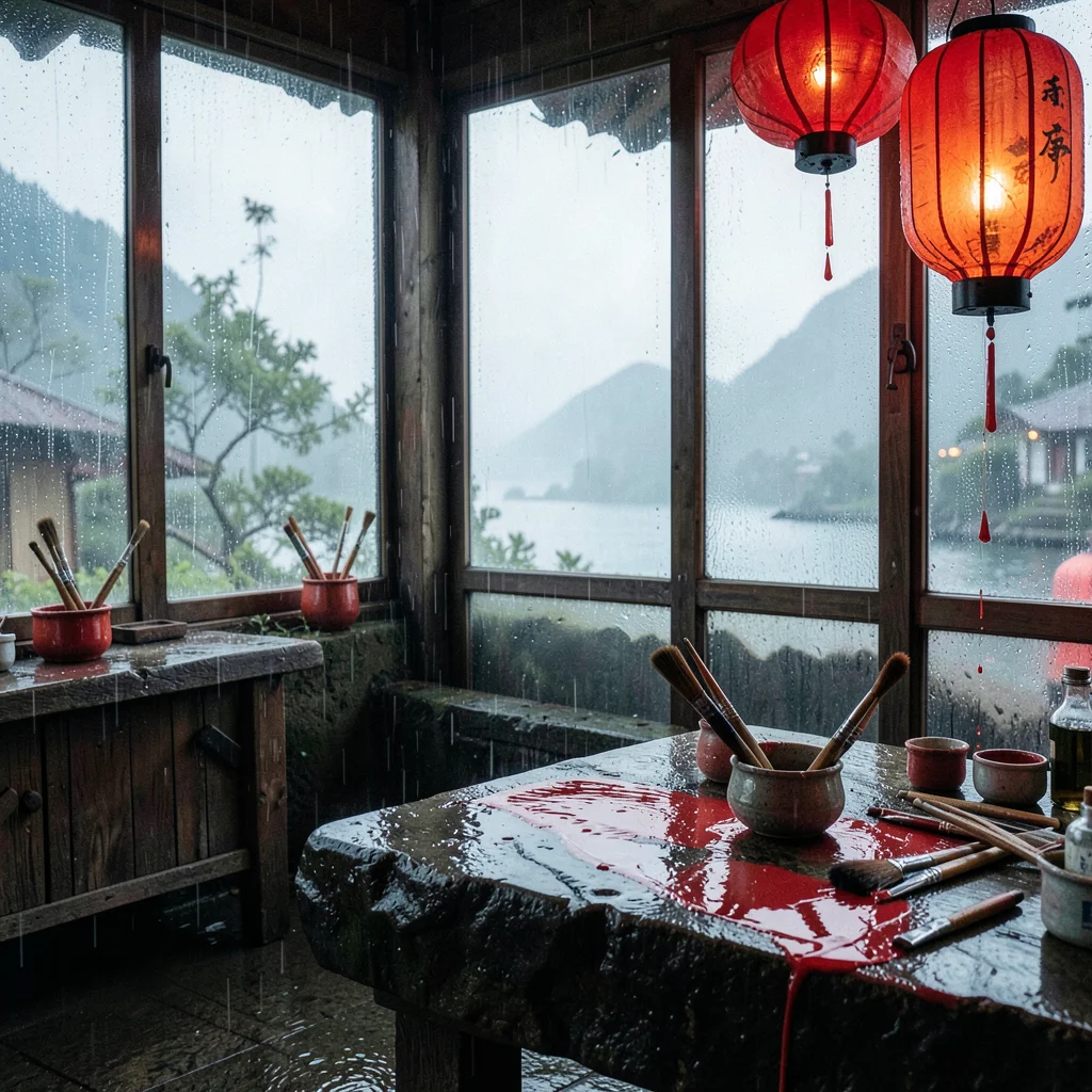 Jiufen rain beauty, wet mountain coastal, Craftsman painting lantern in workshop