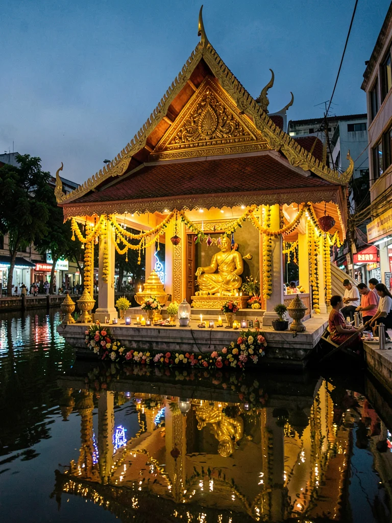 Flower-draped spirit house at dusk