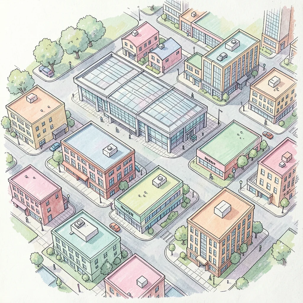 Top-down illustrated city block showing the convention center and host hotels, p