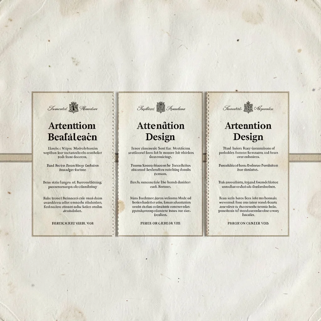 Grid layout spread of three side-by-side case studies on attention design, paper