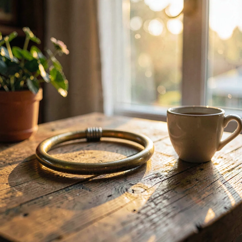 Cozy still life of a hoop on a wooden table beside a teacup at golden hour