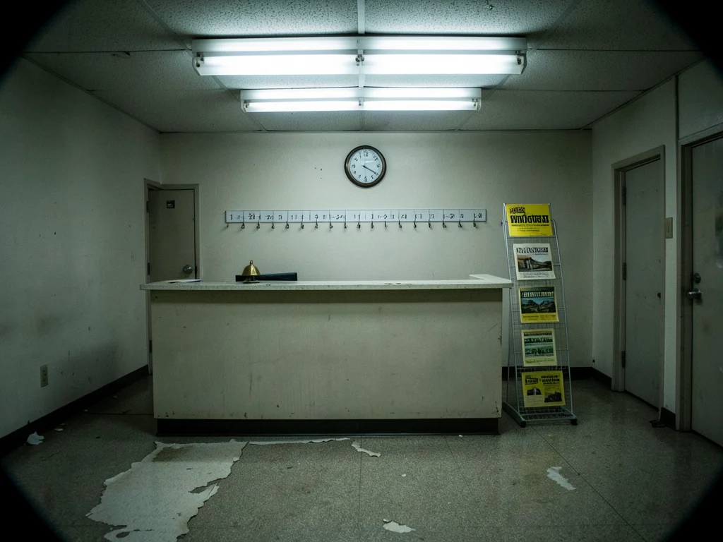 The check-in area of a closed-down motel, the front desk still intact with a bra