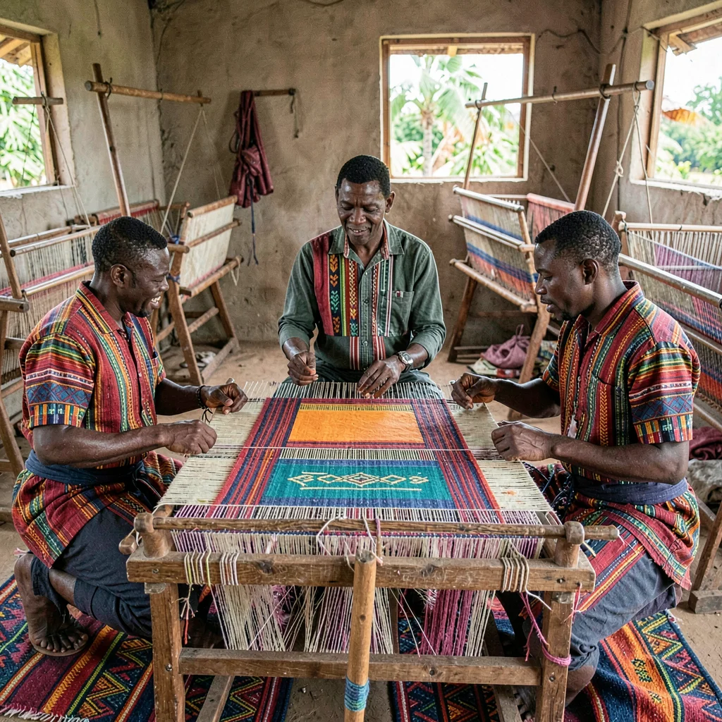Kumasi kente weaving process, strip loom geometry, Three weavers in conversation