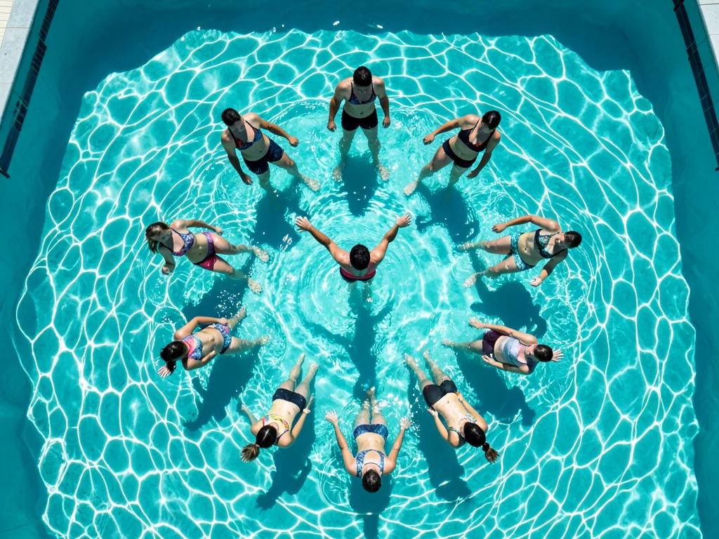 A water aerobics class from above, a dozen people in a circle in a pool, the ins