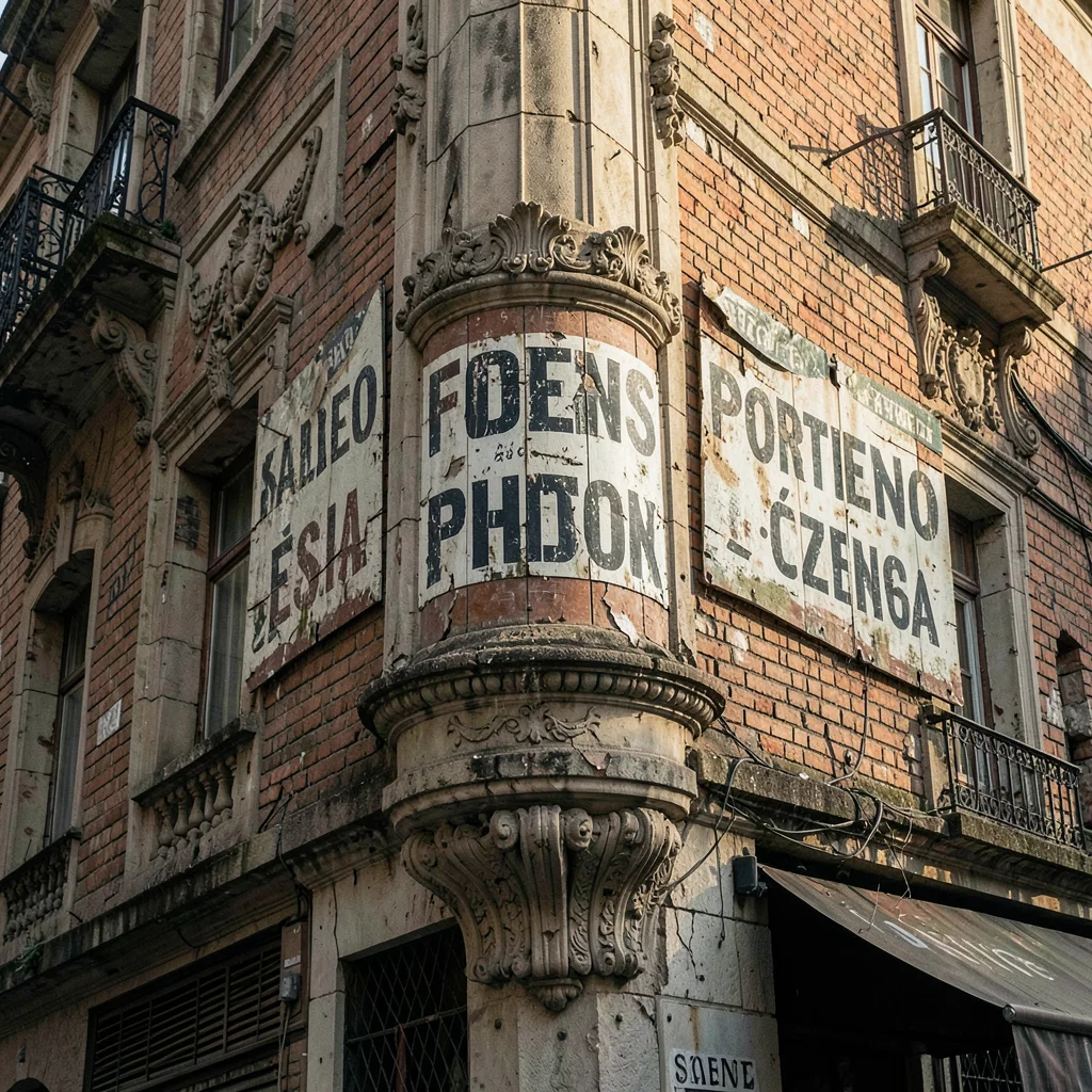 Buenos Aires faded grandeur, belle époque decay, Faded advertising sign painted 