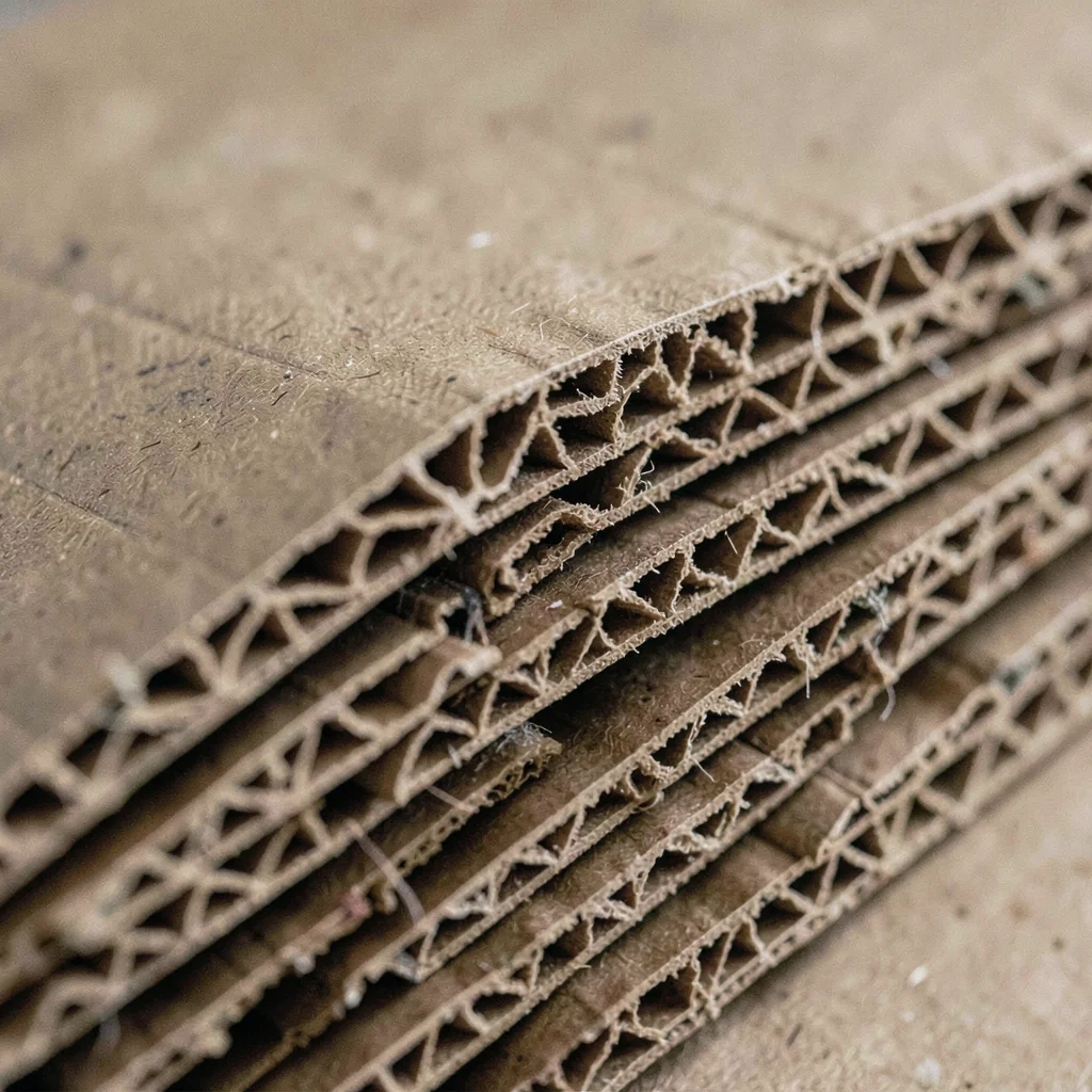 Corrugated cardboard texture extreme close-up, flutes and layers revealed