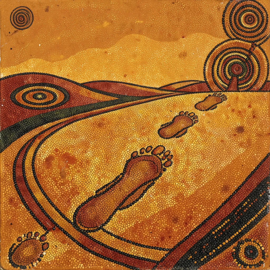 Indigenous Australian dot painting illustration, footprints of ancestors crossin