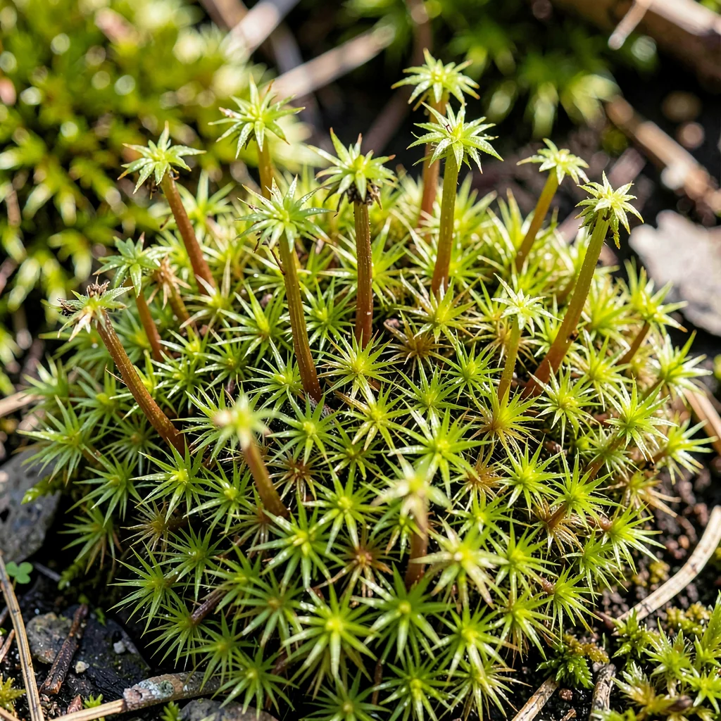 A patch of star moss magnified to show individual sporophytes rising like tiny t