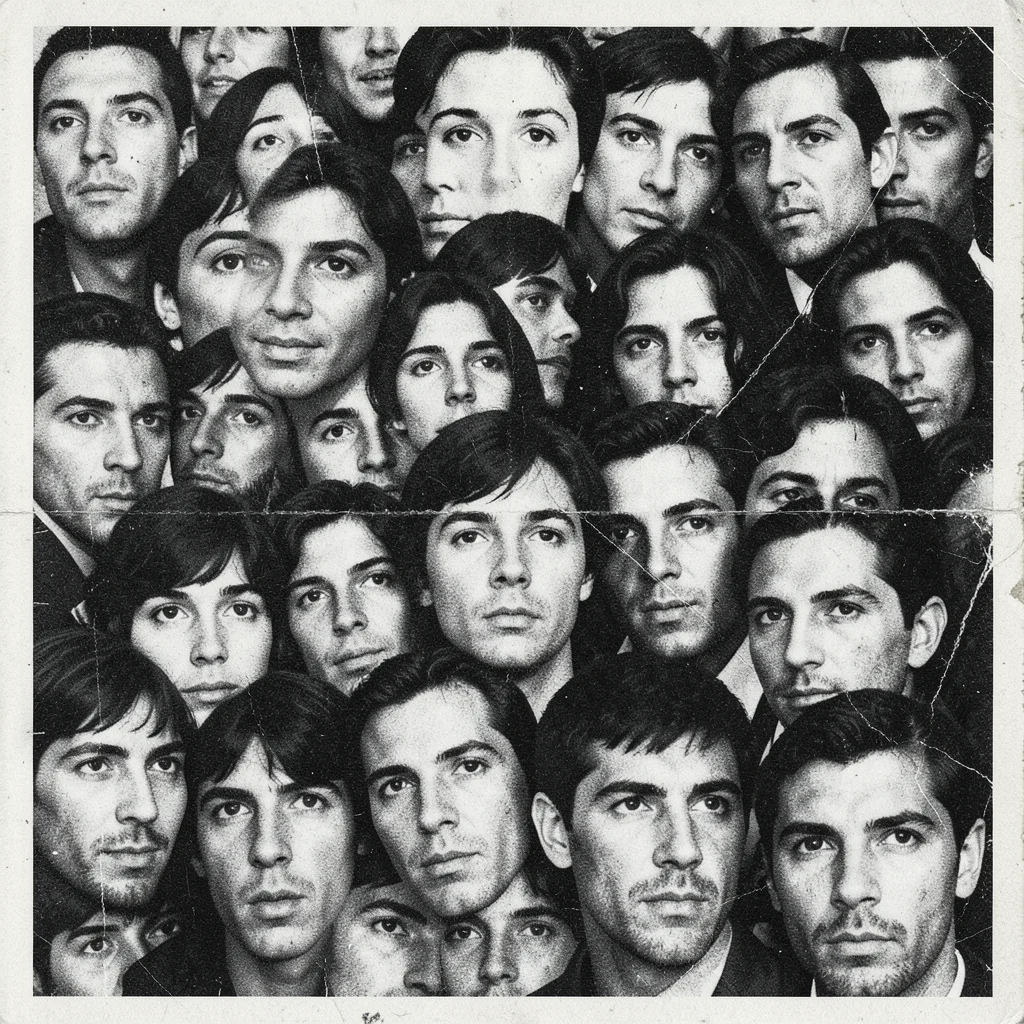 A human eye composited from dozens of overlapping xeroxed faces at different sca