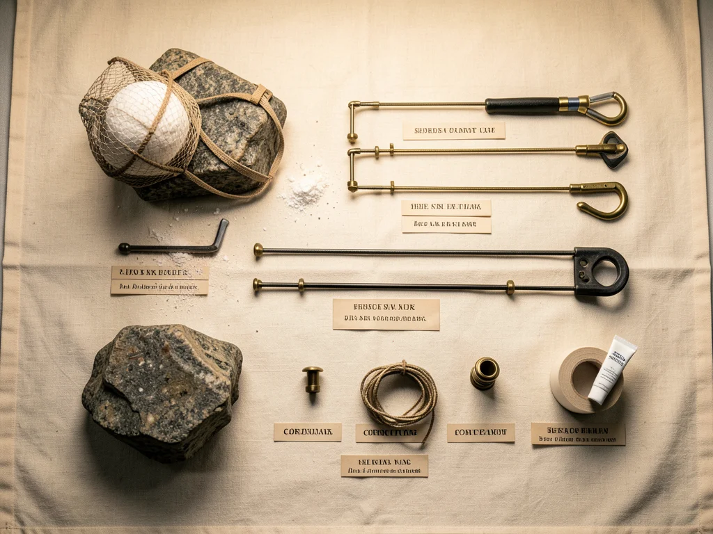 Every item from a rock climber's chalk bag and harness arranged on a granite bou
