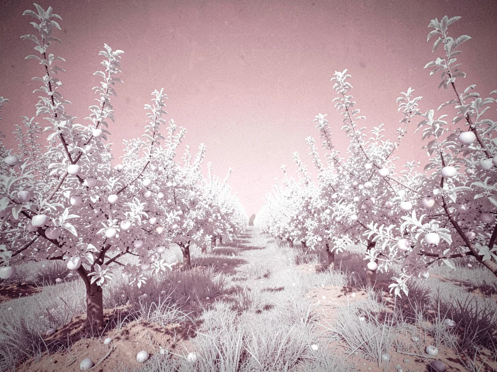 An apple orchard in full bloom with rows of trees glowing white against a dusty 