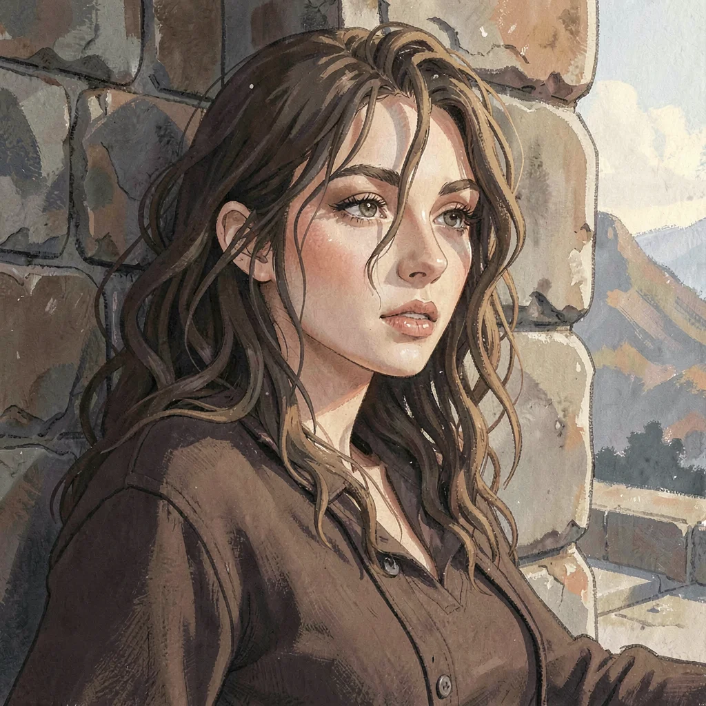 Painterly character-tile of a young woman with sea-tangled hair leaning against 
