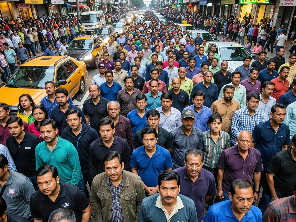 Crosswalk crowd compressed into layers of people