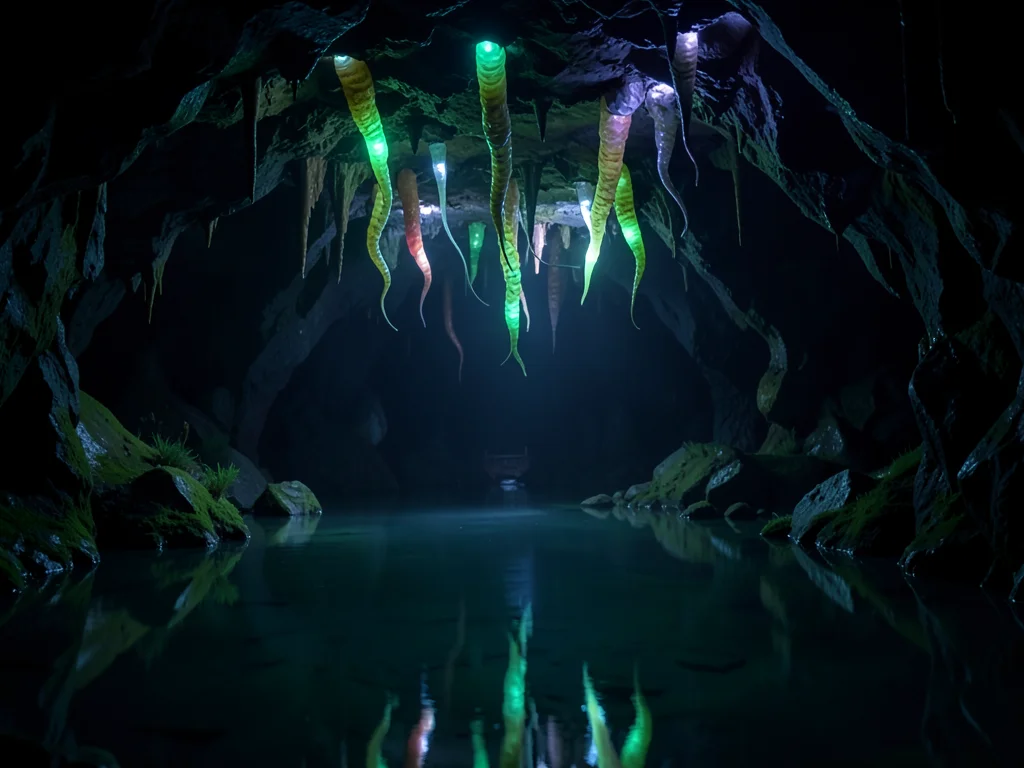 Glowing cave worms on ceiling of dark cave, reflected in still underground lake