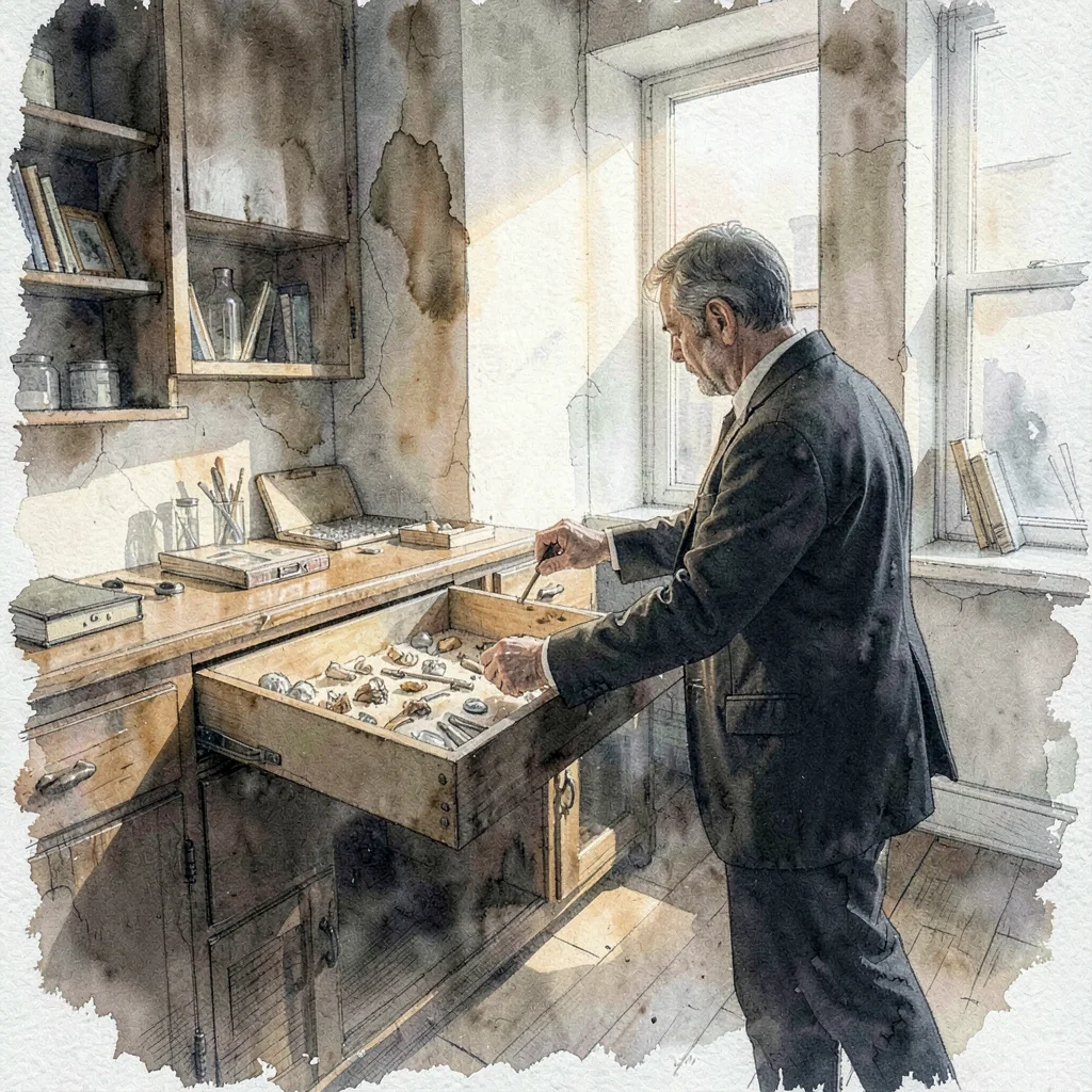 Atmospheric wash of an archivist silhouette pulling a wide flat-file drawer of s