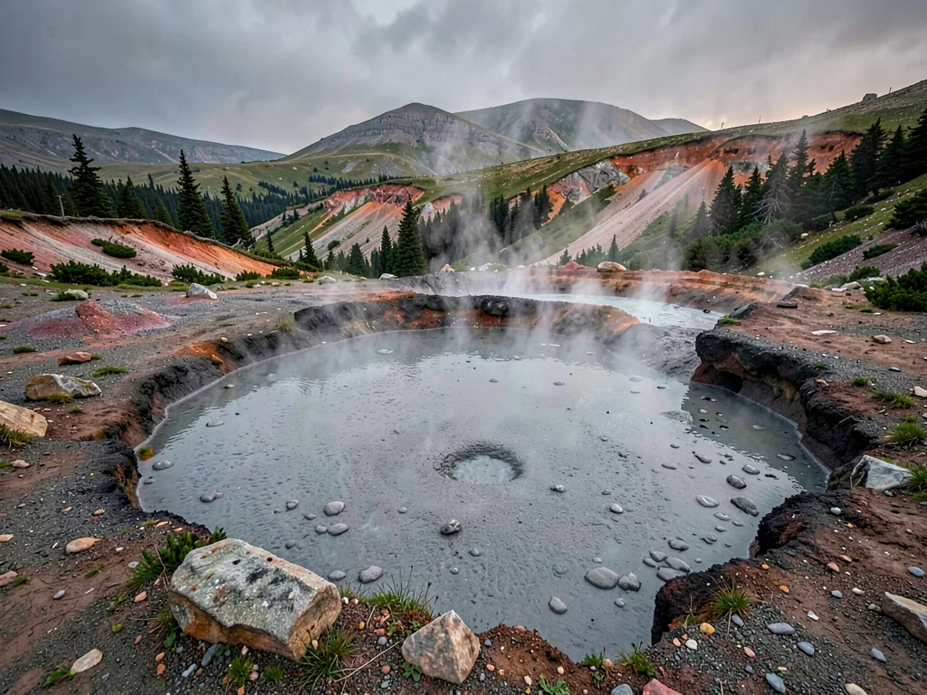 Mudpot crater showing gray mineral soup
