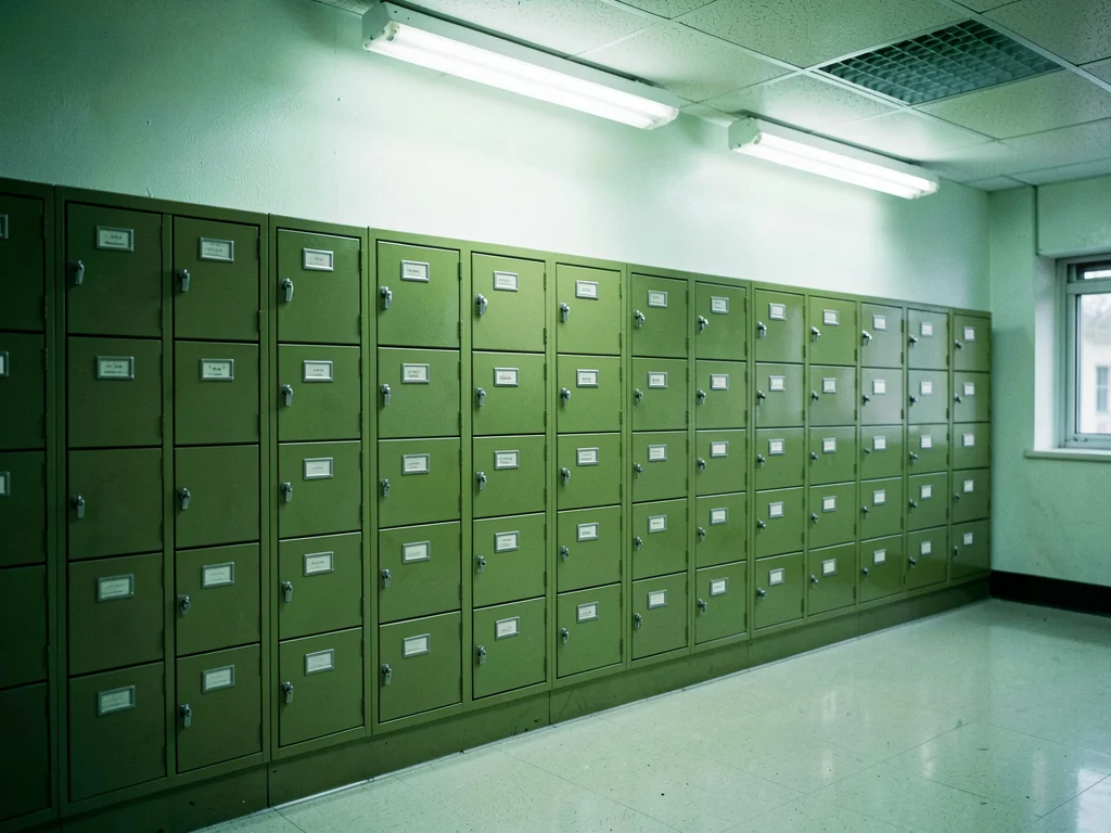 Filing cabinet wall in government olive, bureaucratic storage, organized anonymi