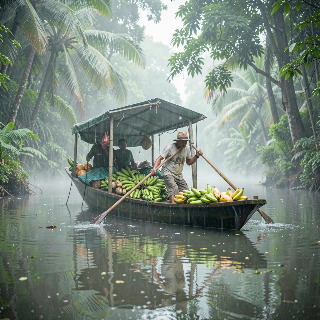Tropical rainforest photograph, humid jungle atmosphere, A market boat loaded wi