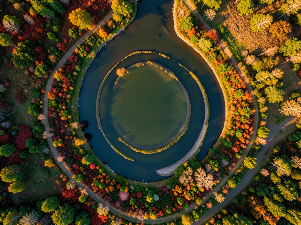 A river bend from above, the oxbow creating an almost-complete circle, different