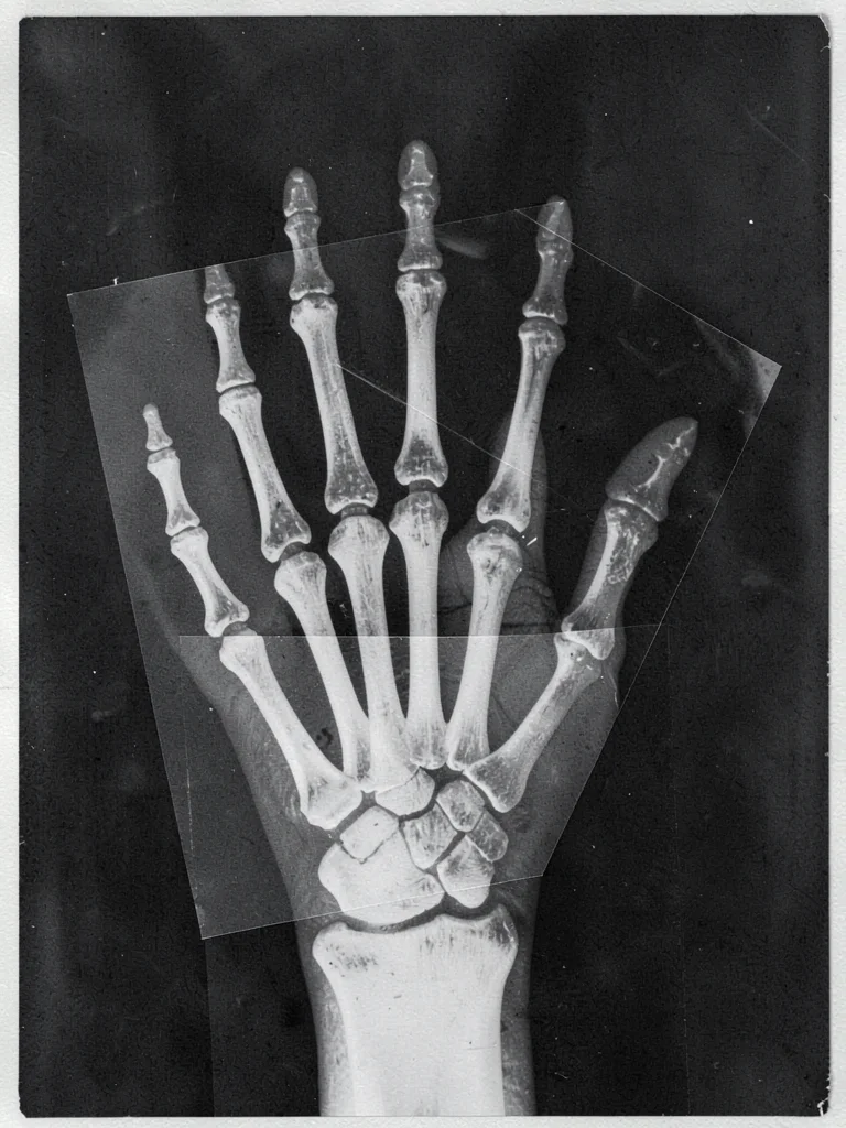 A photogram of a skeleton hand — bones as white silhouette on dark paper ground