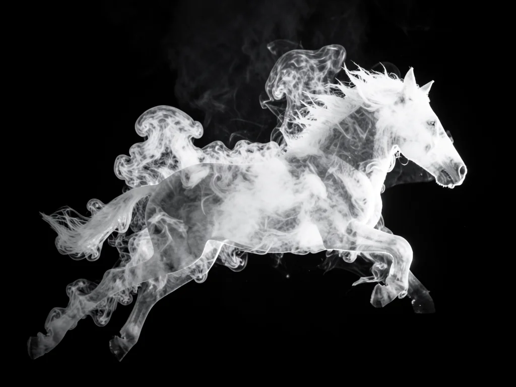 Dense smoke plume in the shape of a running horse, frozen by flash, dark backgro