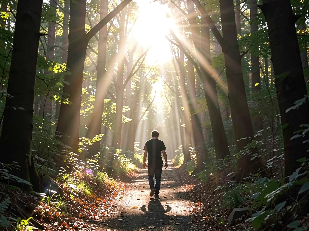 Figure walking away down forest path, tree tunnel backlit, god rays piercing
