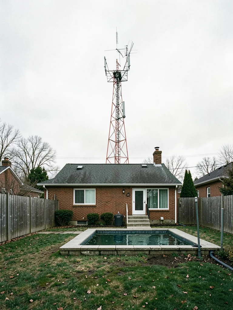 Cell tower in a residential backyard — suburban house, small pool, tower rising 
