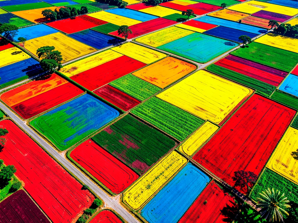 Abstract aerial photograph of agricultural fields creating geometric color block