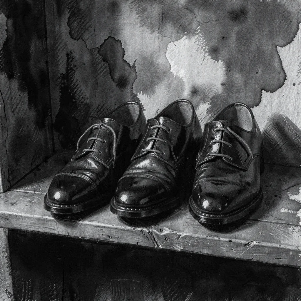 Charcoal mood of patent leather oxfords lined up on a low shelf, ink dark fillin