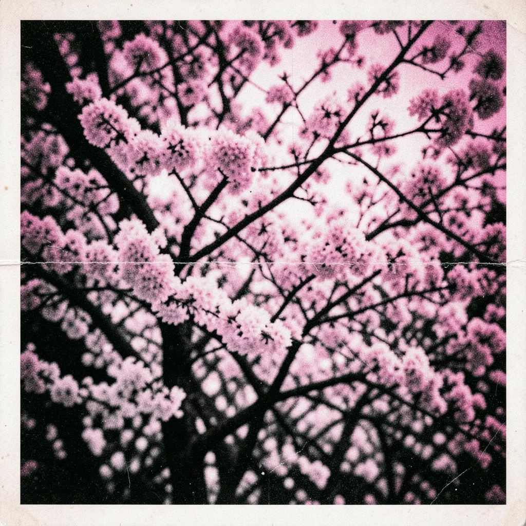Degraded copy of cherry blossom photograph, pink tones shifted to magenta static