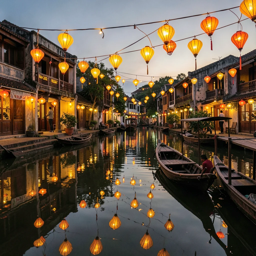 Hoi An lantern glow, silk amber on water, wooden boat hull reflecting amber lant
