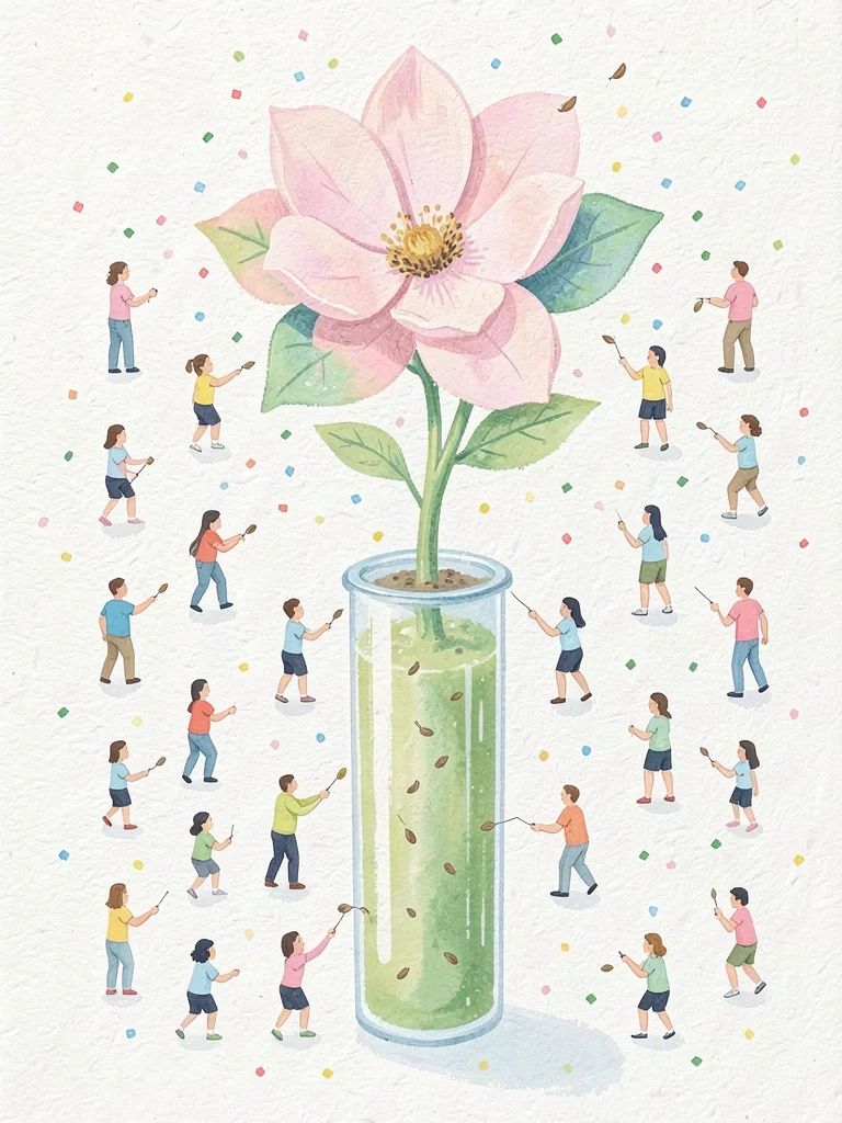 Flat-shape gouache composition of small figures arranged in a grid feeding tiny 