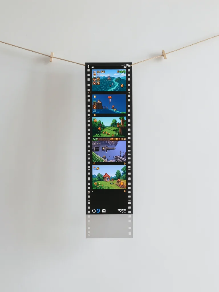 Film strip hanging to dry but frames contain pixelated video game scenes